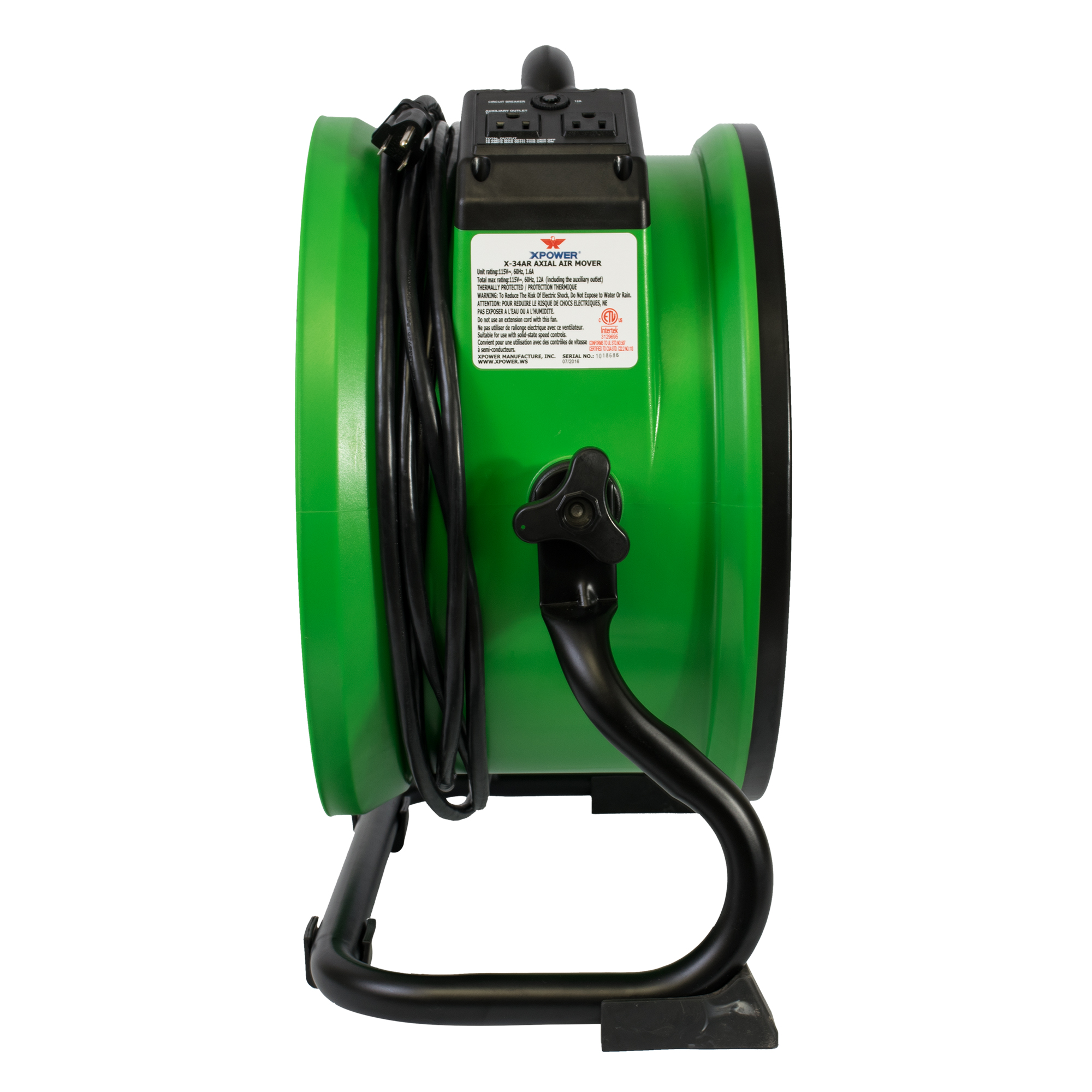XPOWER X-34AR 1/4 HP Industrial Sealed Motor Axial Fan Floor Air Mover w Outlets 